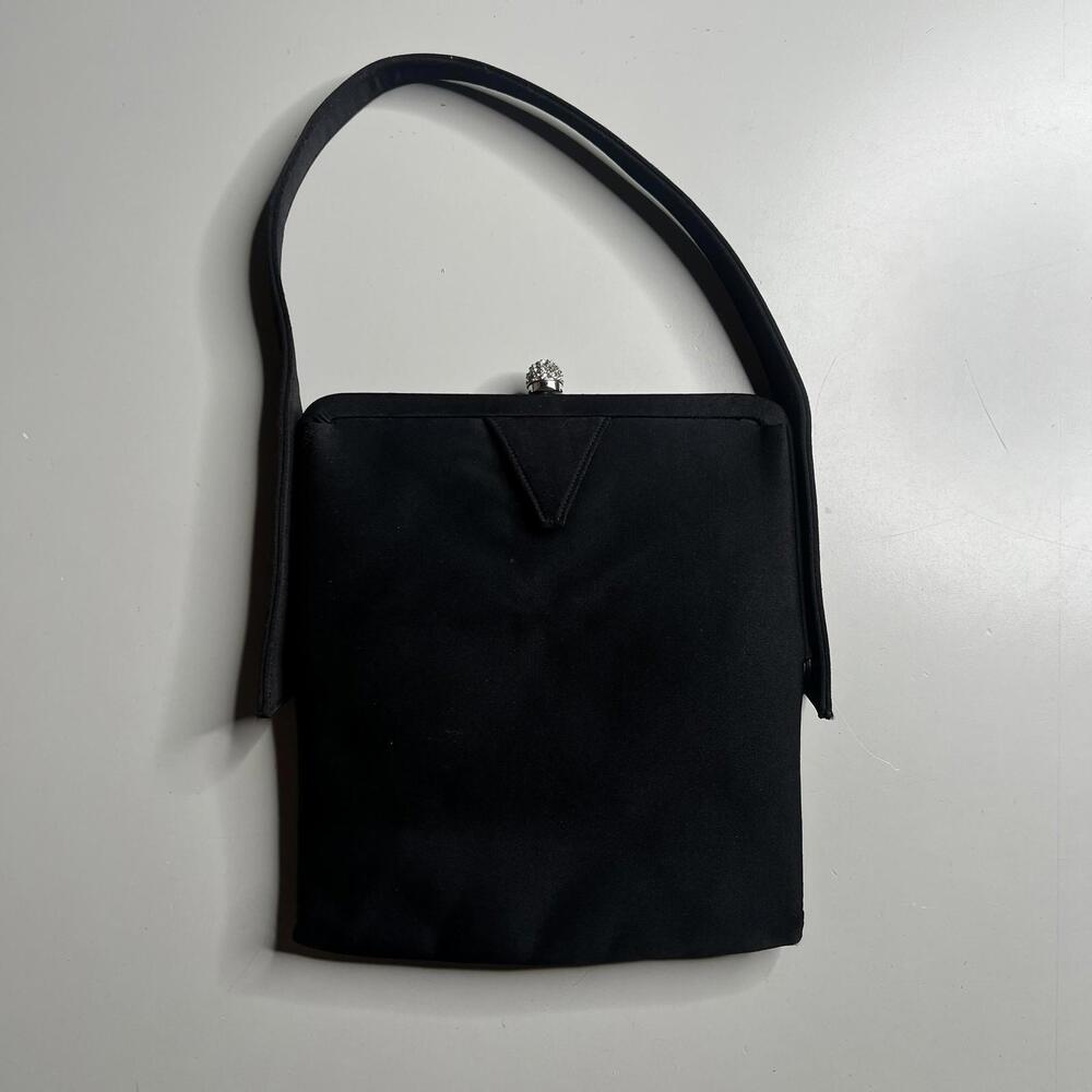 Vintage Lewis Top Handle Bag Womens Small Black Satin Rhinestone‎ Purse Evening